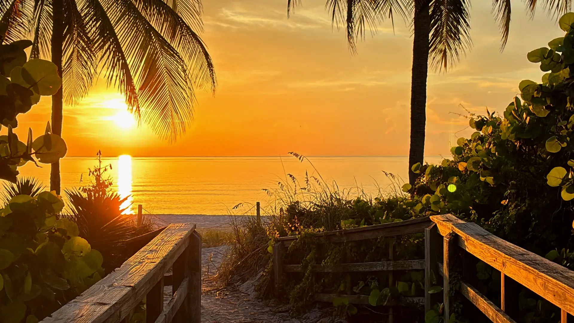 Fort Lauderdale beach boardwalk at golden-hour sunset framed by palm trees